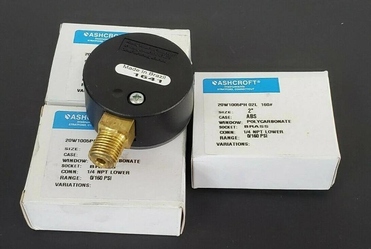 LOT OF 3 NIB ASHCROFT 20W1005PH 02L 160# PRESSURE GAUGES, 2", 0-160PSI, 1/4" NPT