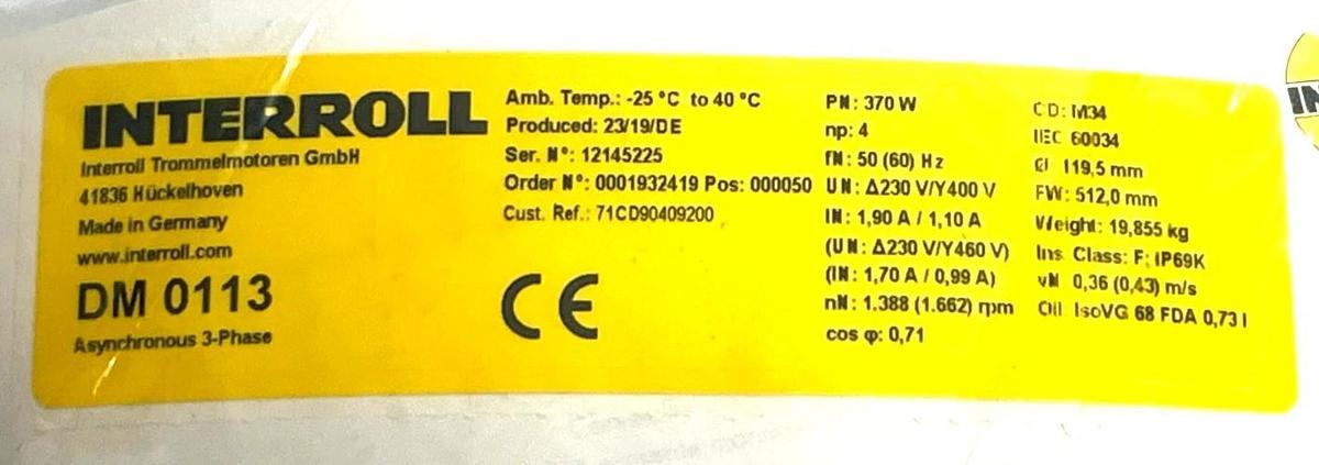 Interroll DM 0113 Drum Motor 370W 460V 3PH IP69K PU Lagged Shell 113.5mm x 300mm