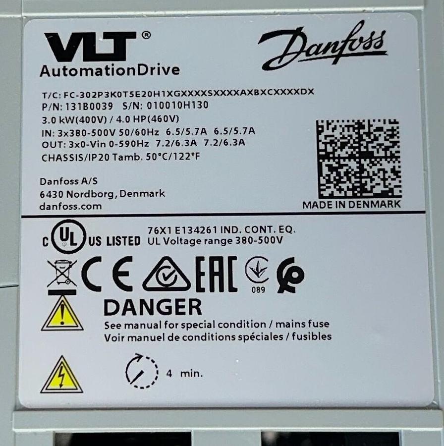 Used DANFOSS 131B0039 / FC-302P3K0T5E20H1XGXXXSXXXXAXBXCXXXXDX VLT DRIVE 3kW/4HP NSMP