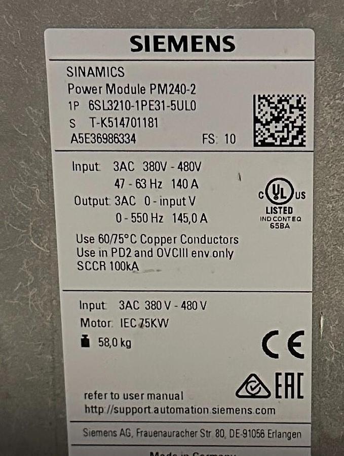 Used SIEMENS 6SL3210-1PE31-5UL0 SINAMICS PM240-2 POWER MODULE 75kW/100HP 380-480VAC