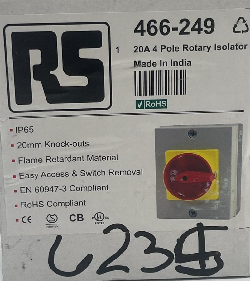 Used RS PRO 466-249 ROTARY ISOLATOR DISCONNECT SWITCH 20A 4 Pole IP65 466249 NSMP