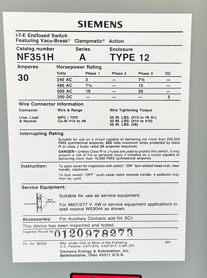 Used NEW SIEMENS ITE NF351H /A Vacu-Break SWITCH W/ Clampmatic CONTACTS 30A 600VAC