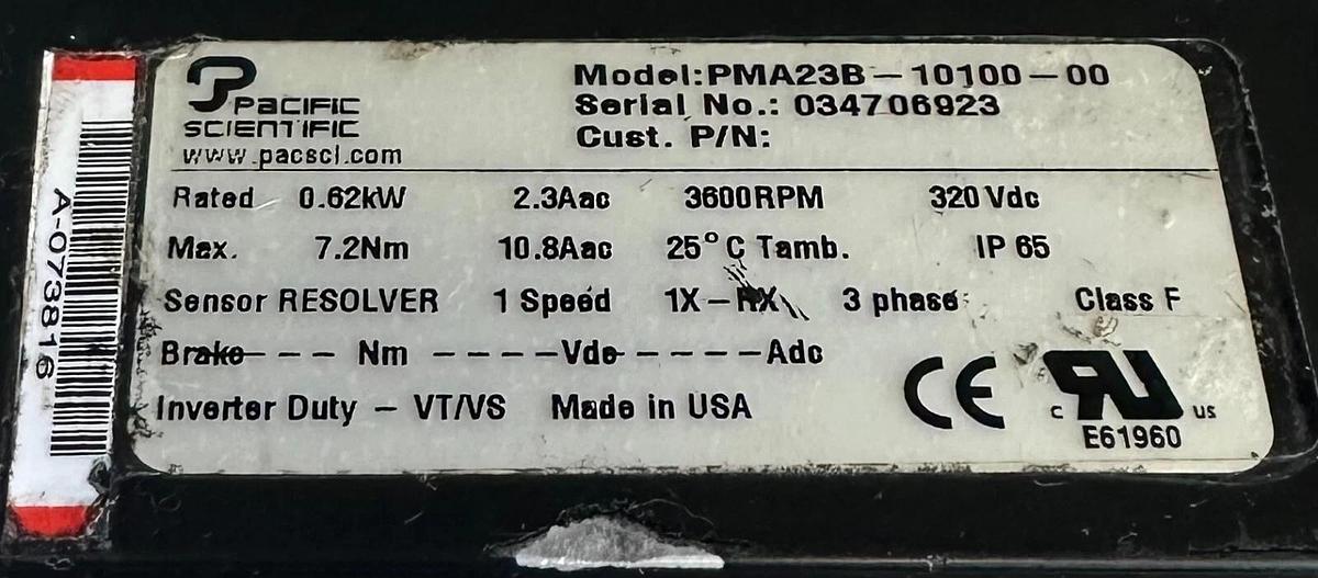 Refurbished REPAIRED PACIFIC SCIENTIFIC PMA23B-10100-00 / PMA23B1010000 SERVO MOTOR 0.62kW