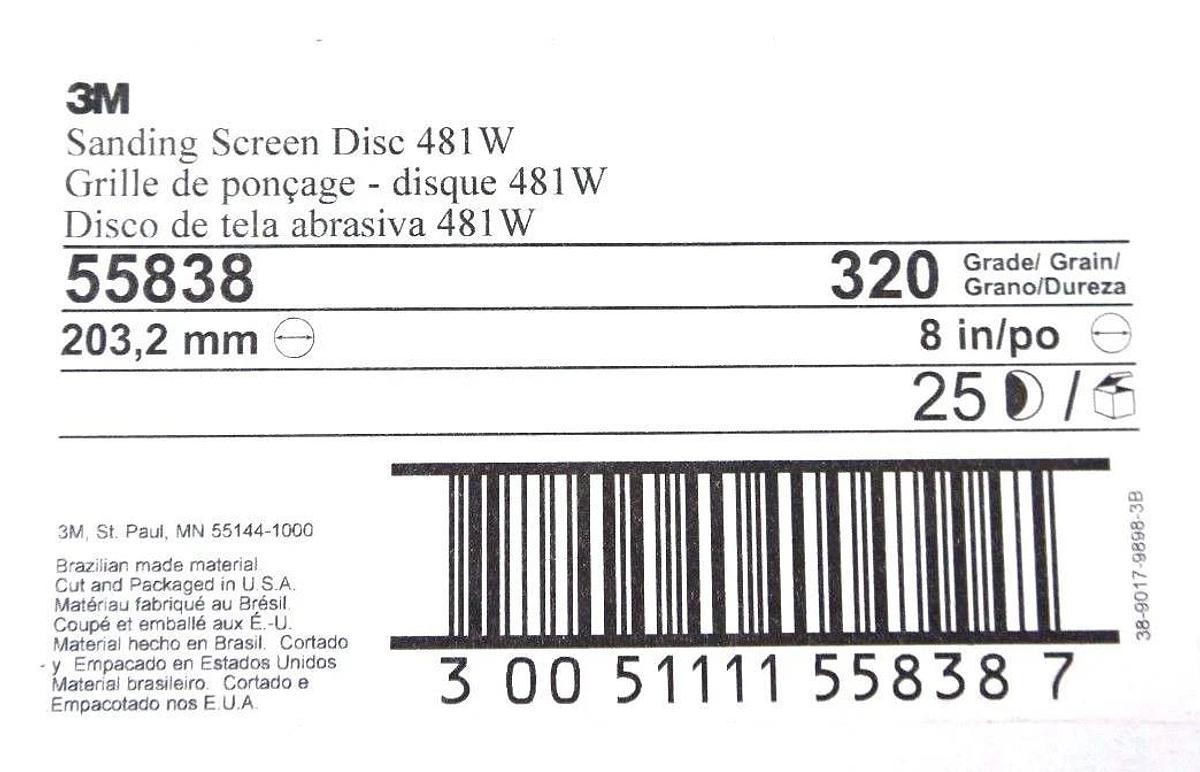 Used BOX OF 25 NIB 3M 55838 SANDING SCREEN DISCS 481W, 8'' DIA. 320 GRADE