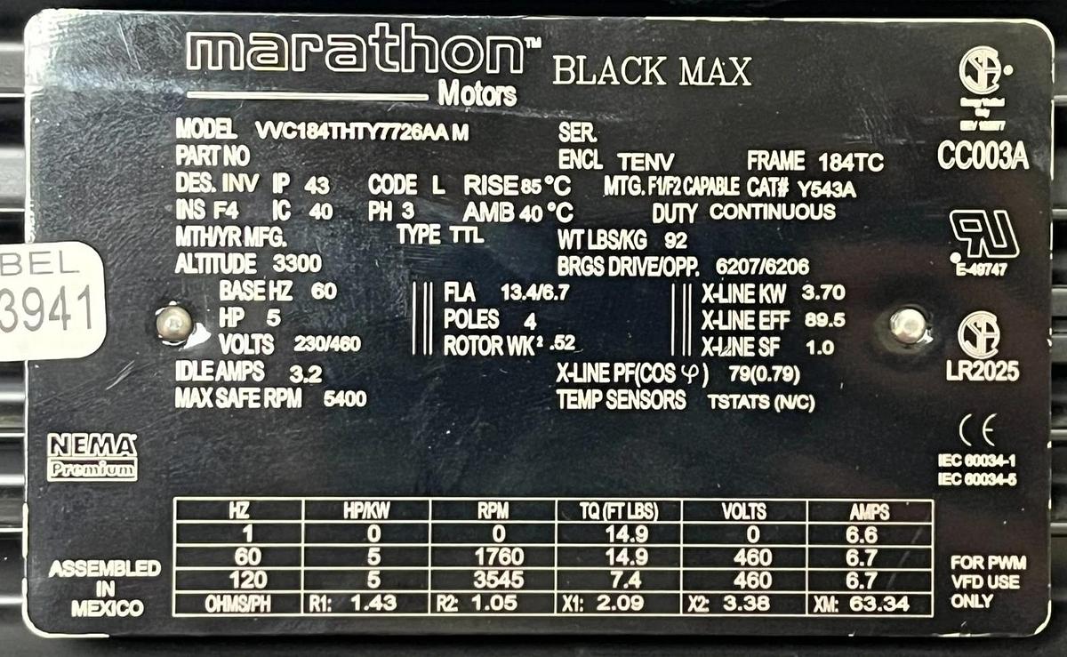 Marathon VVC184THTY7726AAM Y543A Black Max 5HP Inverter Duty Motor 3PH 184TC