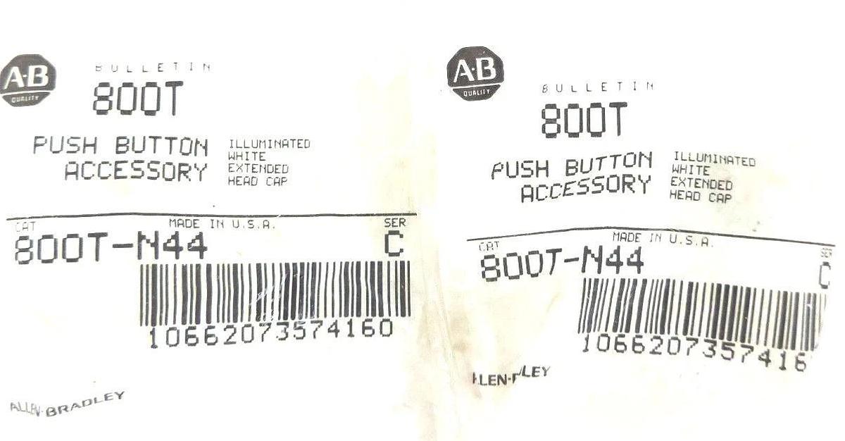 Used LOT OF 2 NEW ALLEN BRADLEY 800T-N44 ILLUM. WHITE EXTENDED HEAD CAP 800TN44 SER C