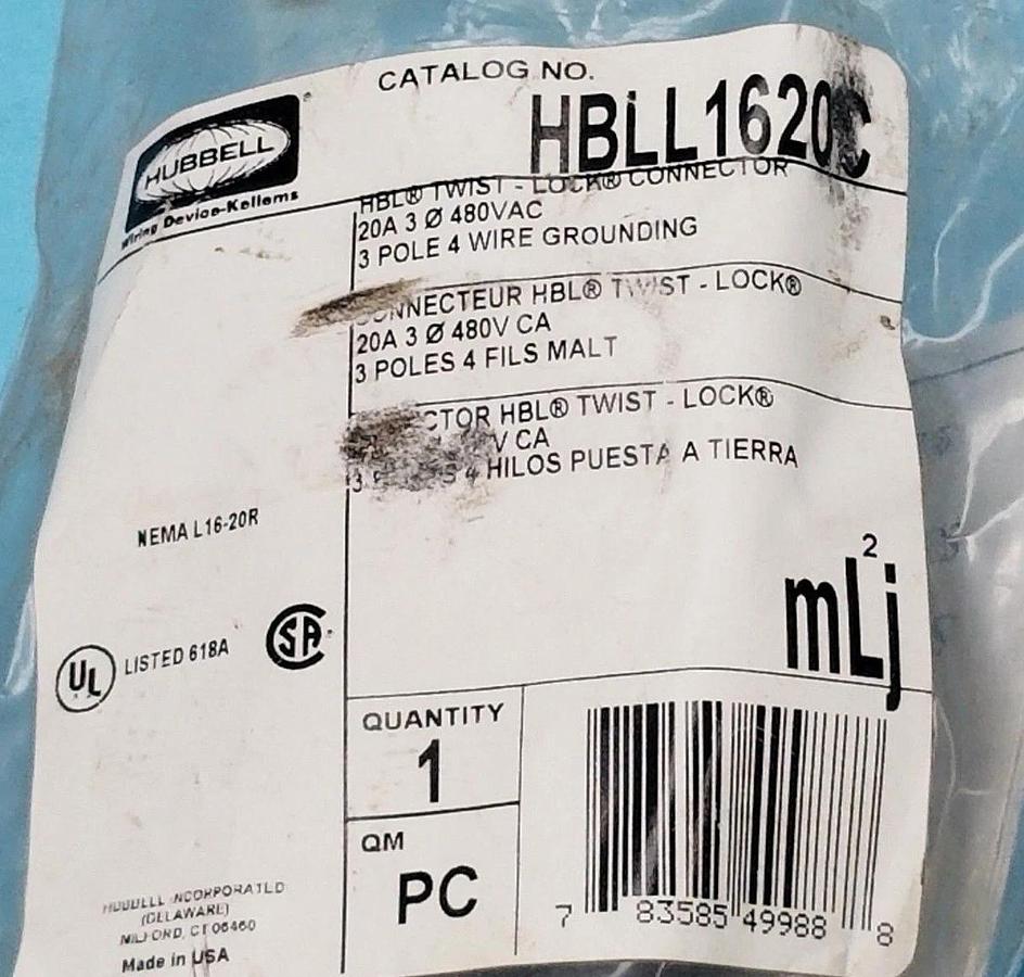 Used NEW HUBBELL HBLL1620C TWIST-LOCK CONNECTOR 20A, 3-POLE, 4-WIRE