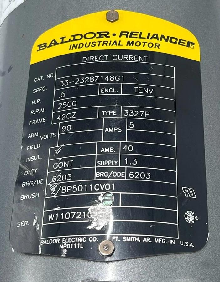 Baldor-Reliance Industrial DC Motor 0.5HP 90V 2500RPM TENV 42CZ Spec 33-2328Z148