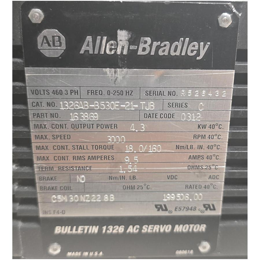 Used ALLEN BRADLEY 1326AB-B530E-21-TJB /C AC SERVO MOTOR 460V 4.3kW P/N 163869 NSNP