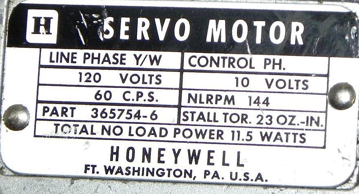 Used HONEYWELL 365754-6 SERVO MOTOR 3657546, 120V 60CPS 11.5W GEAR RATIO 10:1