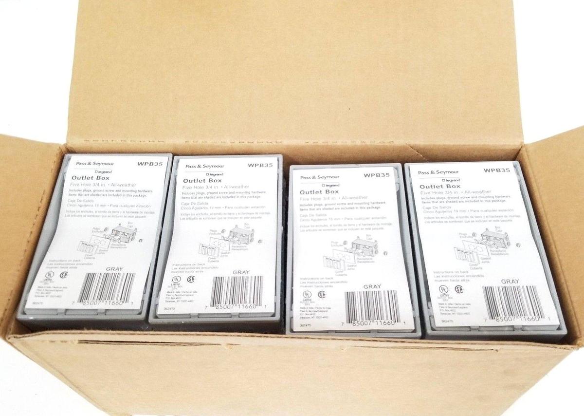 BOX OF 12 NEW PASS & SEYMOUR WPB35 ALL-WEATHER OUTLET BOXES, FIVE-HOLE, 3/4"