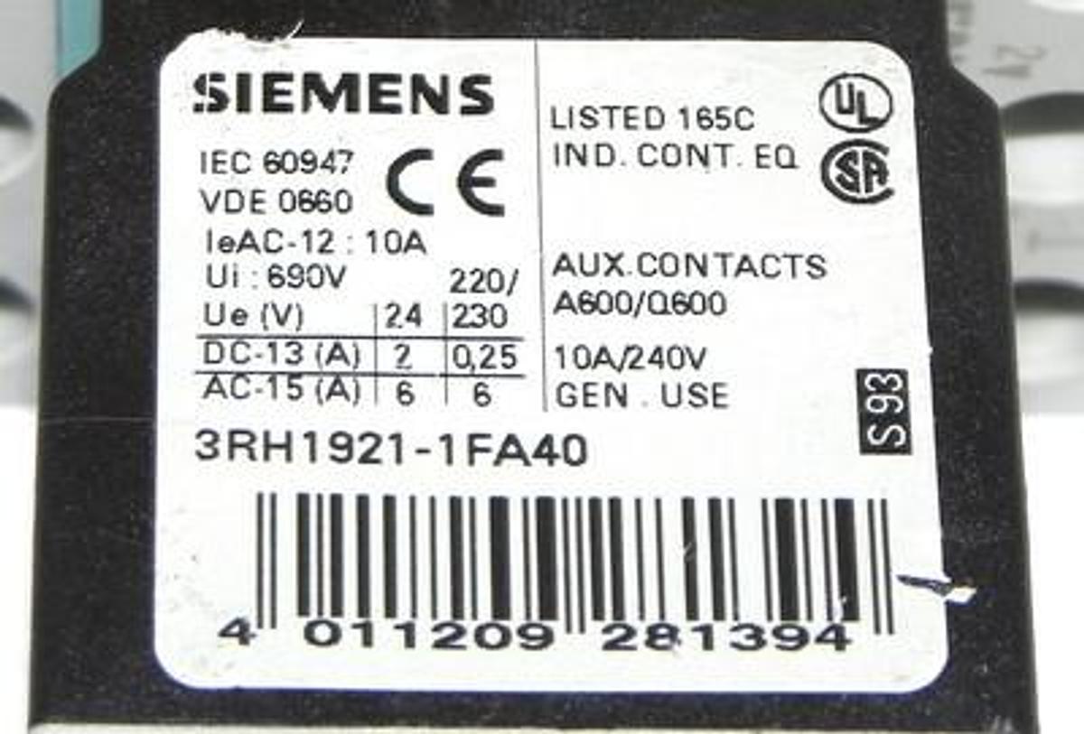Used SIEMENS 3RT1025-1B CONTACTOR WITH 3RH1921-1FA40 CONTACT BLOCK
