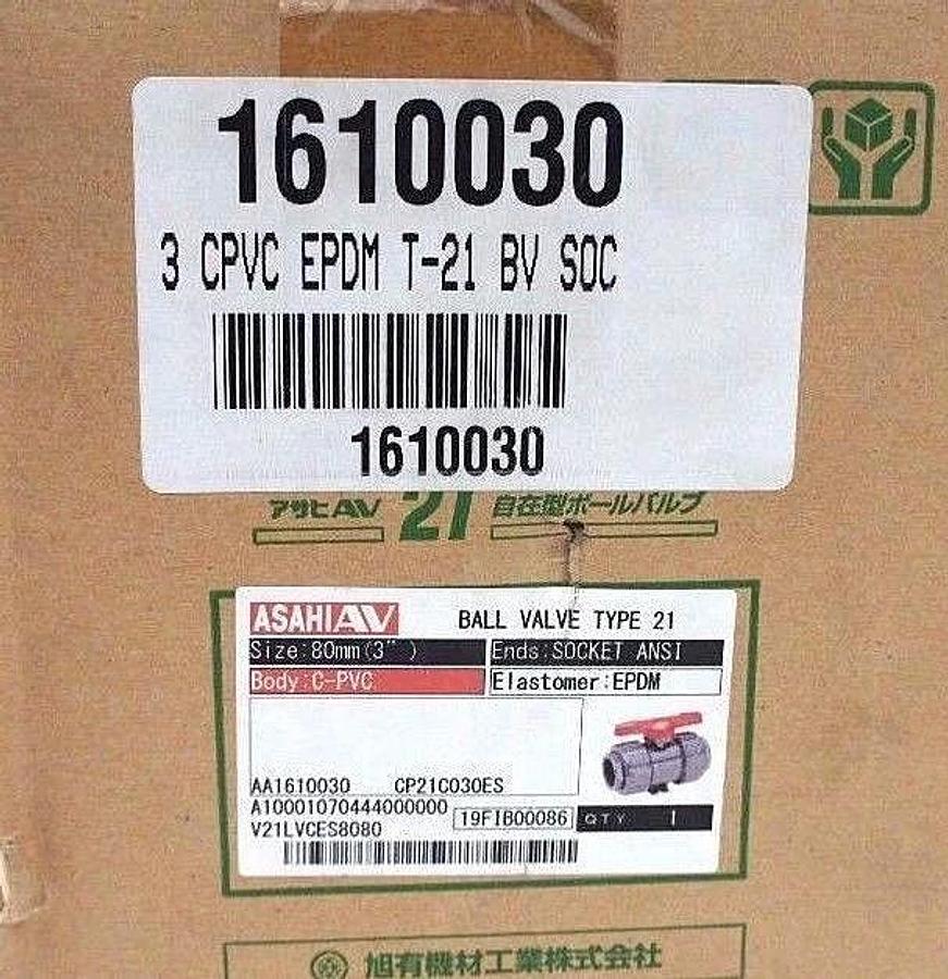 Used NEW ASAHI 1610030 3" CPVC/EPDM/SOC/TU DUO-BLOC 21 BALL VALVE 1610-030 5091A030