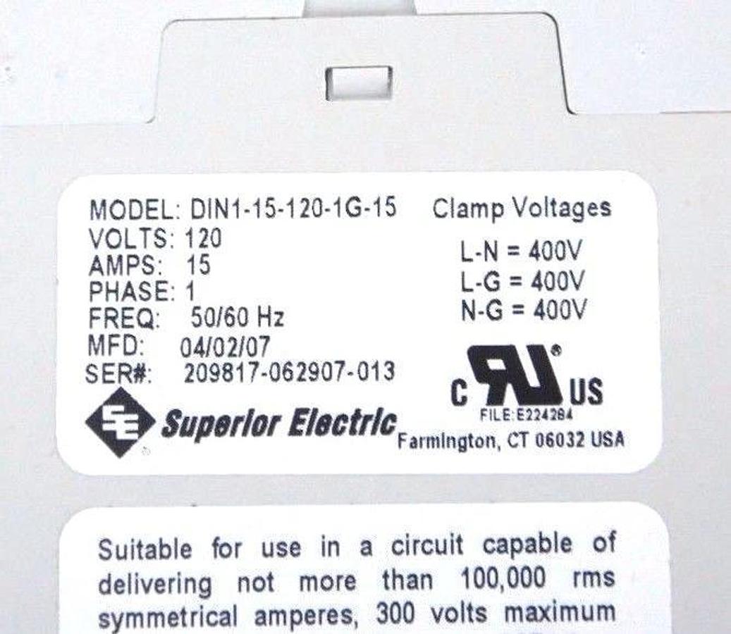 NIB SUPERIOR ELECTRIC DIN1-15-120-1G-15 TRANSIENT VOLTAGE SURGE SUPRESSOR 120V