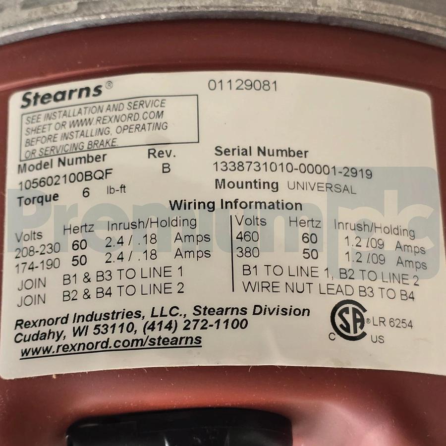 Stearns 105602100BQF Spring-Set Disc Brake 6 ft-lb 208-230/460VAC NEMA 56C NSMP