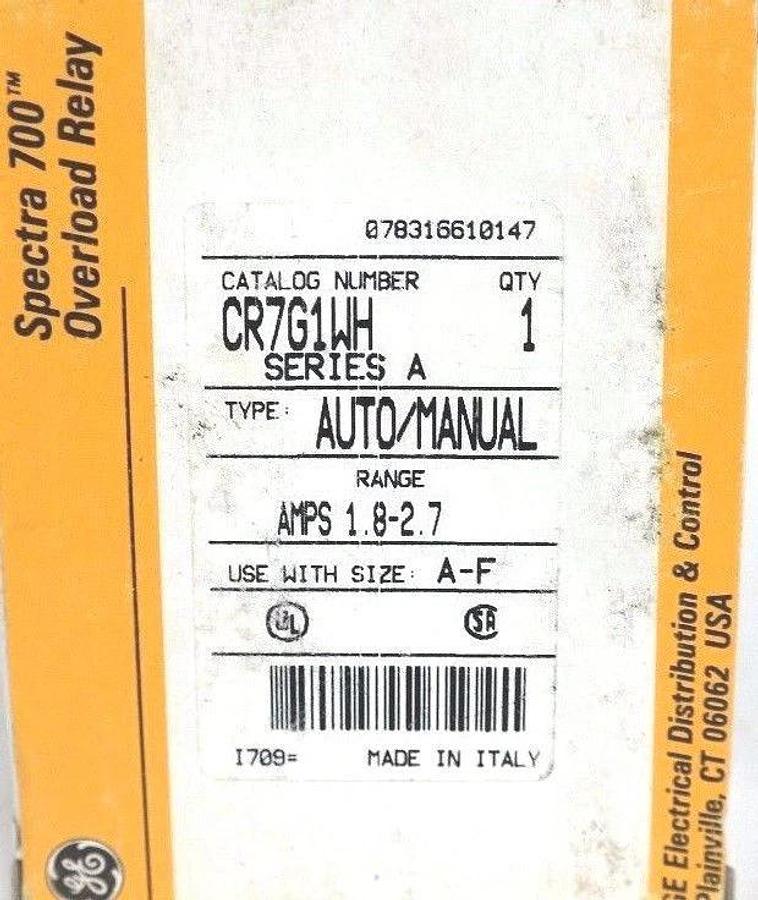 Used GENERAL ELECTRIC CR7G1WH SPECTRA 700 OVERLOAD RELAY SERIES A TYPE:AUTO/MANUAL