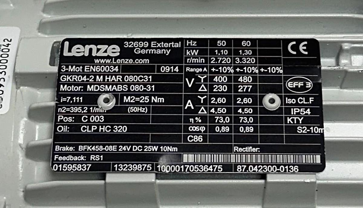 Used LENZE GKR04-2 M HAR 080C31 / MDSMABS 080-31 / BFK458-08E GEARMOTOR 13239875 NSNP