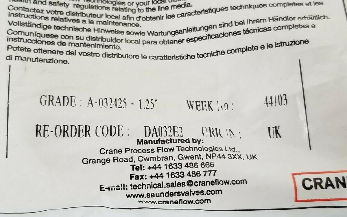 NEW SAUNDERS DA032E2 DIAPHRAGM A-032425-1.25'' 425 EPM A 1 1/4 DN32
