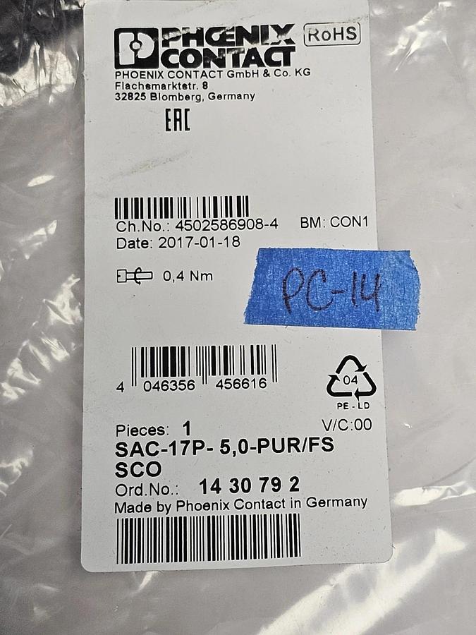 Used NEW PHOENIX CONTACT SAC-17P- 5,0-PUR/FS SCO (1430792) SENSOR/ACTUATOR CABLE