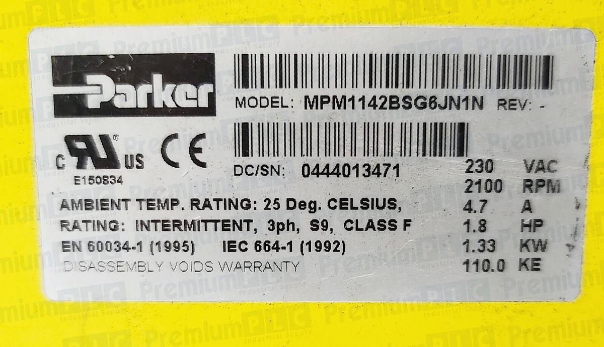 Used PARKER MPM1142BSG6JN1N ROTARY SERVO MOTOR 3PH 230VAC, 2100 RPM 1.8HP MPM1142BSG