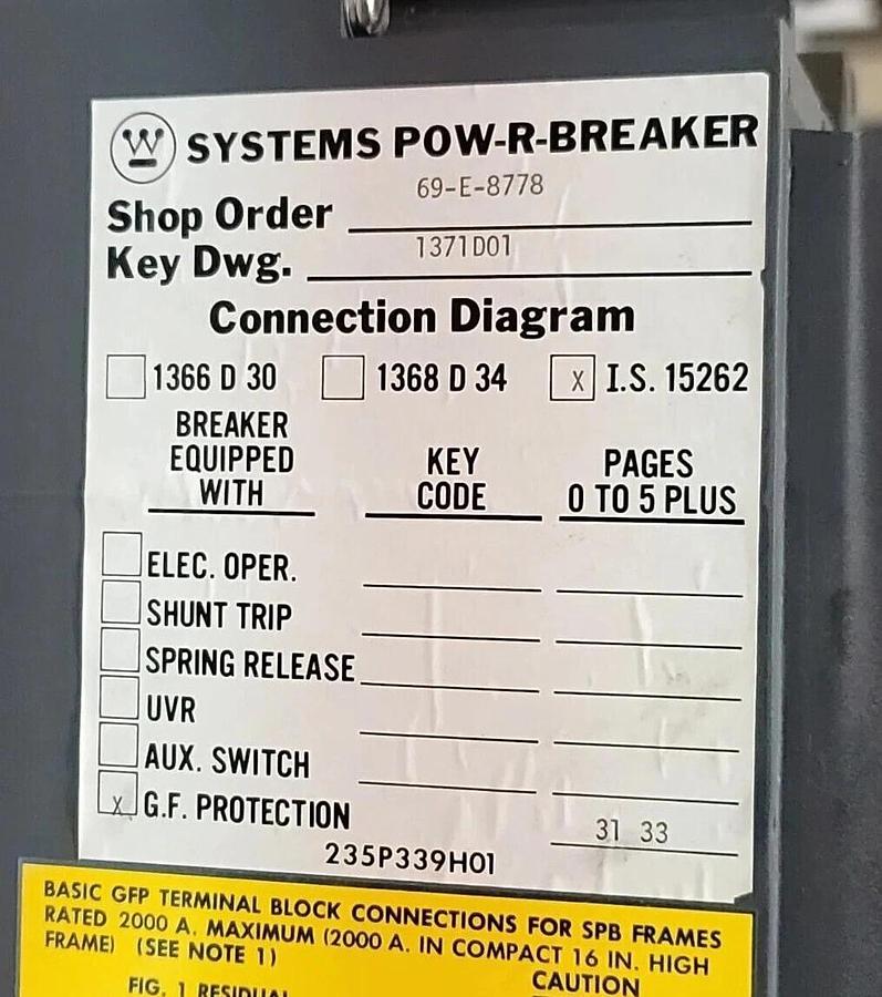 Used WESTINGHOUSE SPB 50 CIRCUIT BREAKER 800A 69-E-8778 SPB50 229P270H10A