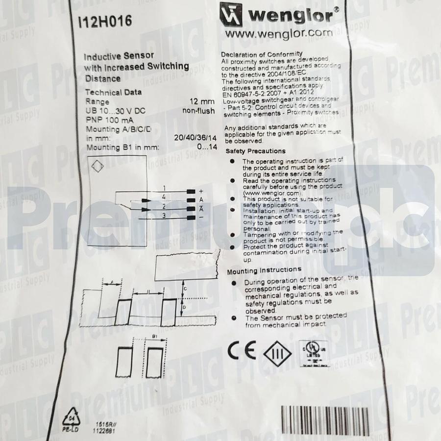 WENGLOR I12H016 Inductive Sensor with Increased Switching Distance 12mm 10-30VDC