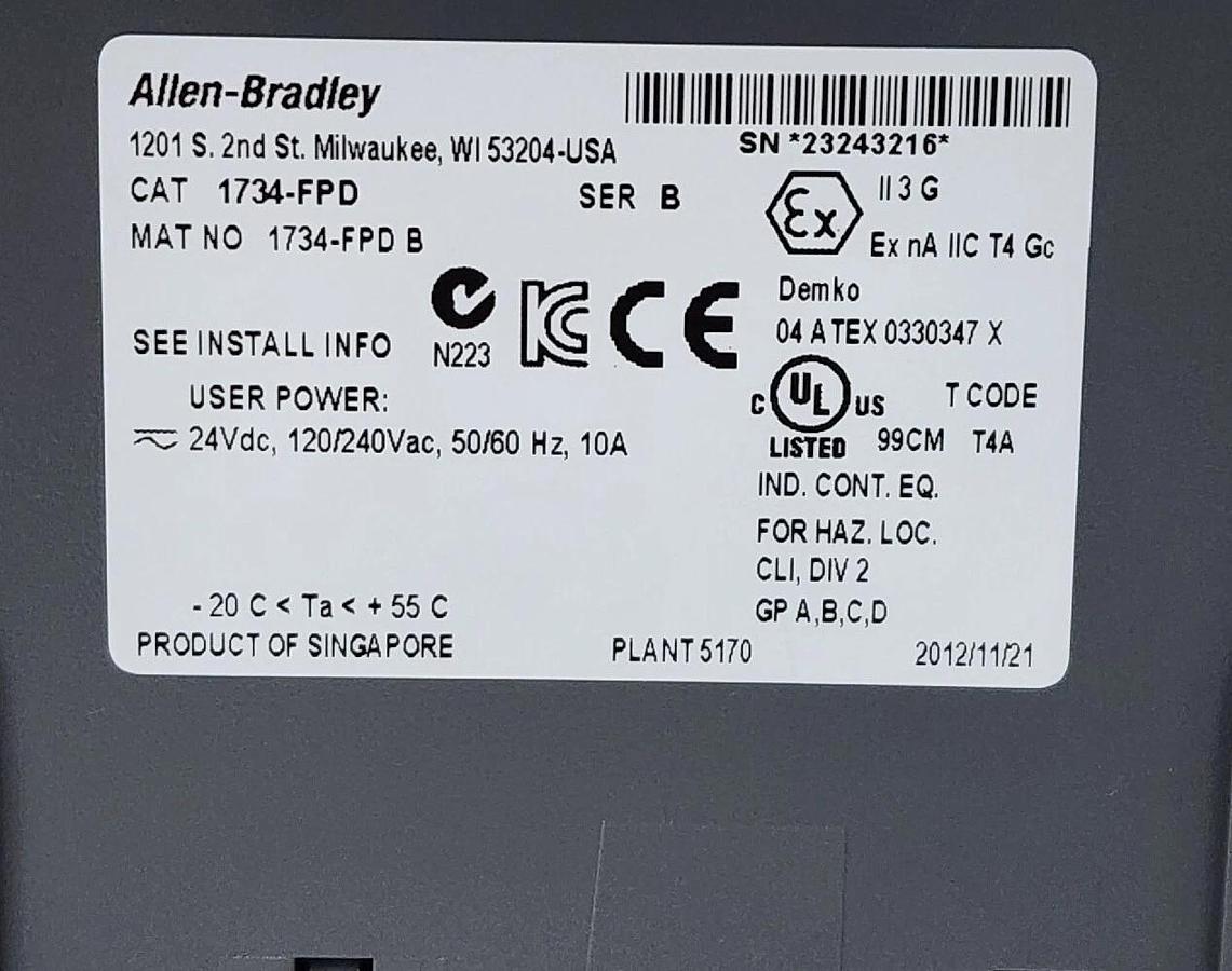 Used ALLEN BRADLEY 1734-FPD SER. B FIELD POWER DISTRIBUTOR MODULE