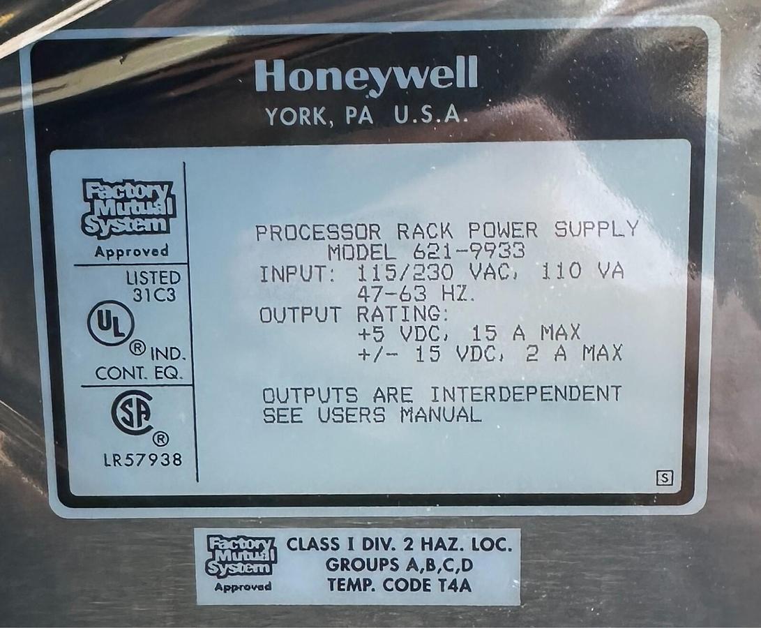 Used HONEYWELL 621-9933 / 6219933 PROCESSOR RACK POWER SUPPLY 115-230VAC 110VA REPAIR
