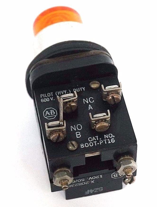 Used ALLEN BRADLEY 800T-PT16 AMBER PUSH BUTTON 600V PILOT HVY DUTY W/ X-208238 120V