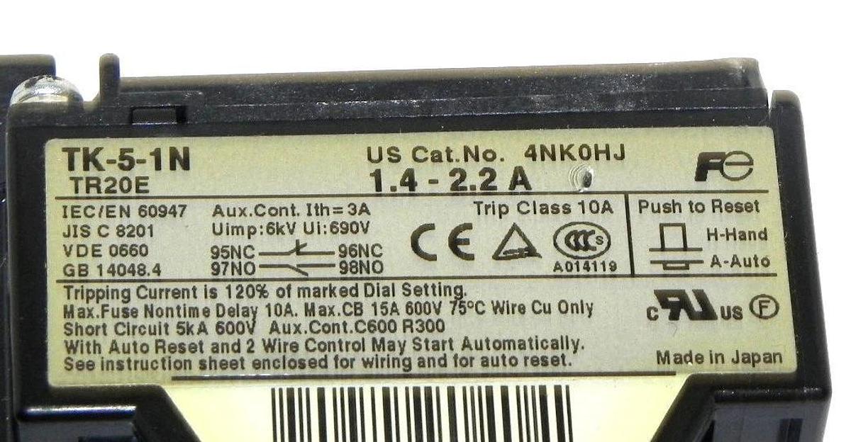 NEW FUJI ELECTRIC TK-5-1N THERMAL OVERLOAD RELAY CAT NO. 4NK0HJ, TK51N