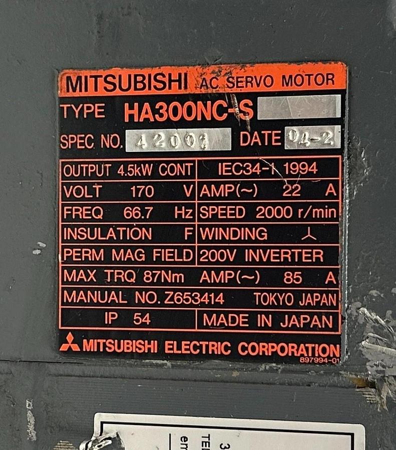 Refurbished MITSUBISHI HA300NC-S / HA300NCS AC SERVO MOTOR SPEC 42001 4.5kW OSA104 REPAIRED