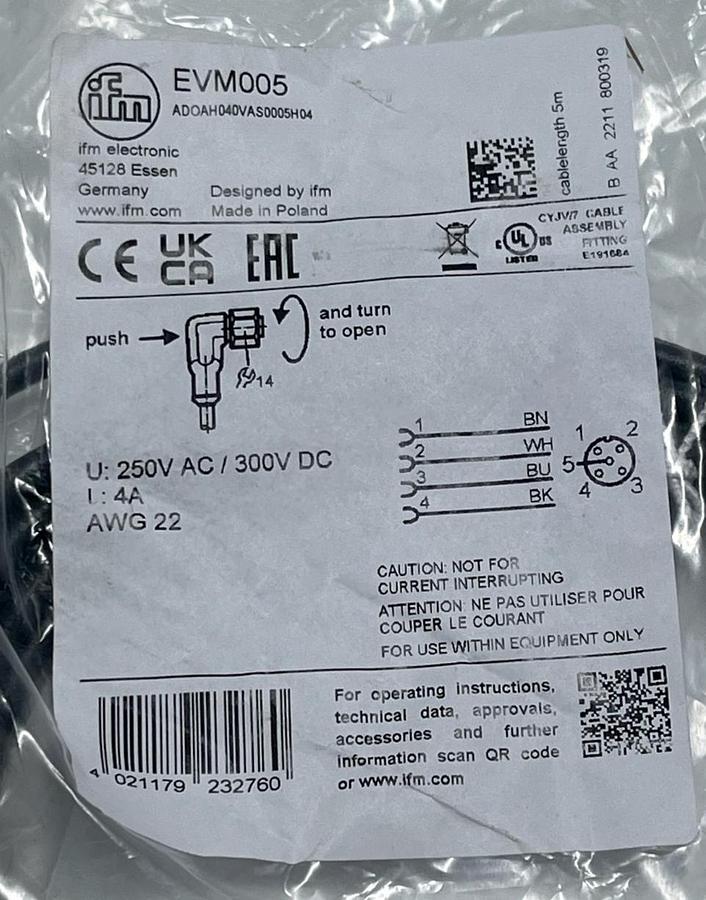 Used IFM Efector EVM005 (ADOAH040VAS0005H04) M12 Female Angled 5m Hygienic Cable