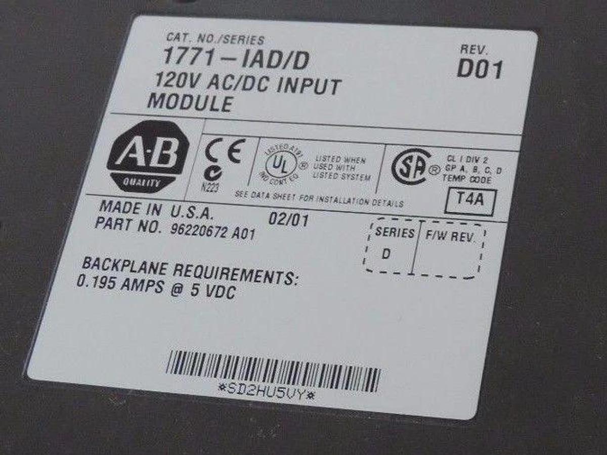 Used ALLEN BRADLEY 1771-IAD/D 120V AC/DC INPUT MODULE P/N: 96220672 A01, REV. D01