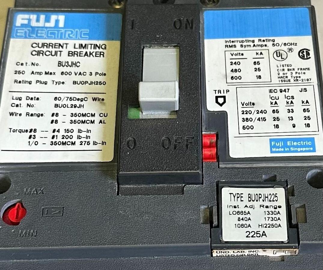 Used NEW FUJI ELECTRIC BU3JHC CURRENT LIMITING CIRCUIT BREAKER 250A 600VAC 3-POLE