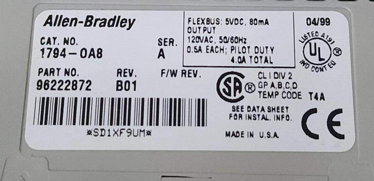 NIB ALLEN BRADLEY 1794-OA8 SER. B OUTPUT MODULE CAT. REV. F01 REV. B01