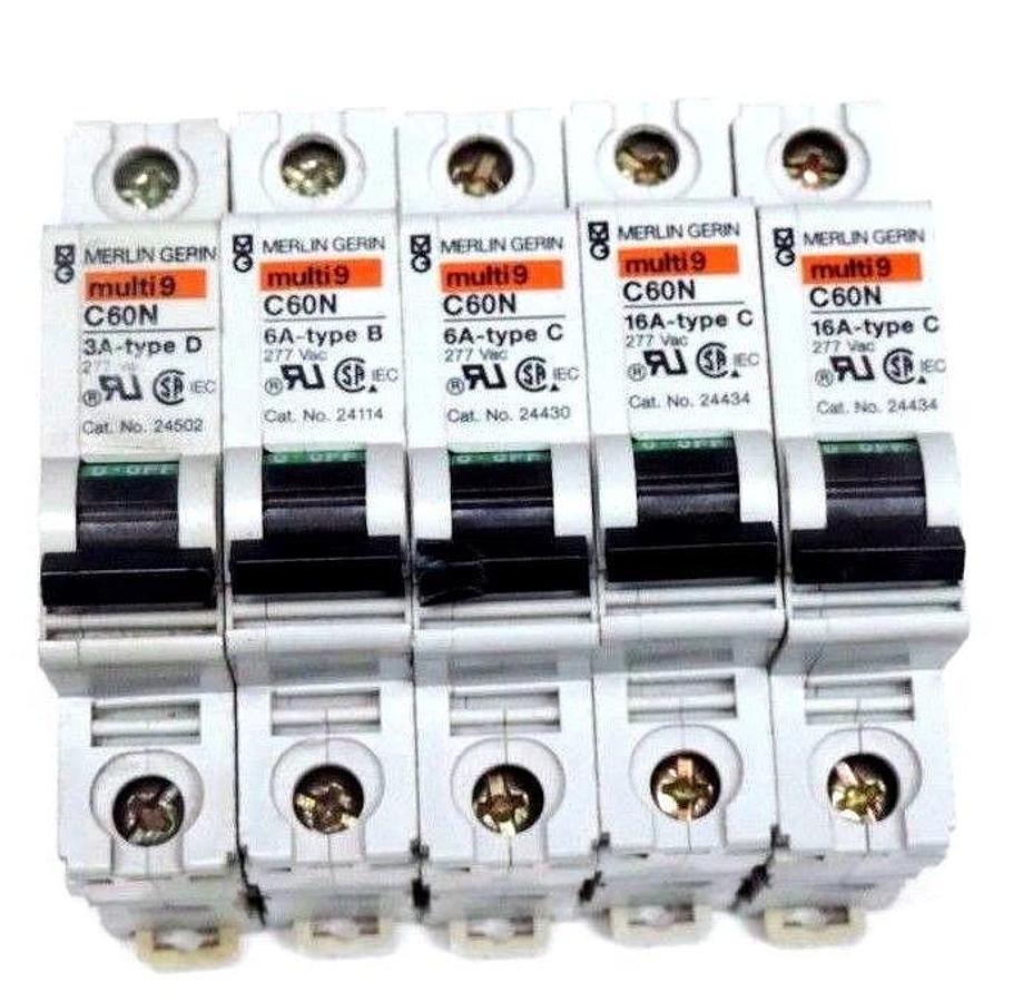 Used LOT OF 5 MERLIN GERIN 24502, 24114, 24430, 24434 MULTI 9 CIRCUIT BREAKERS