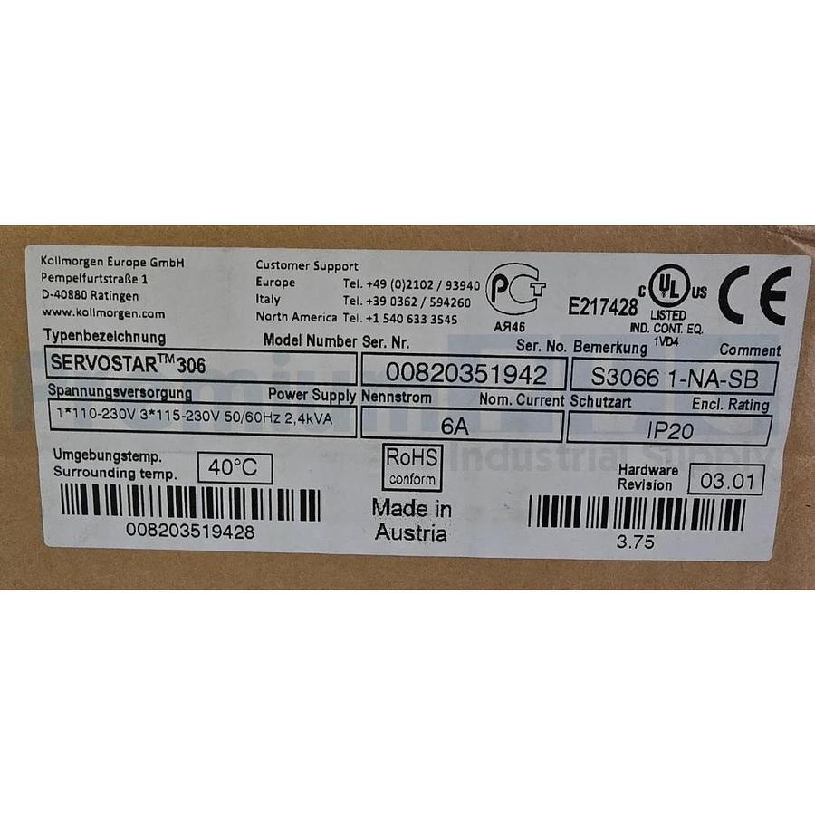 DANAHER KOLLMORGEN SERVOSTAR 306 DIGITAL SERVO AMPLIFIER S30661-NA-SB NSMP