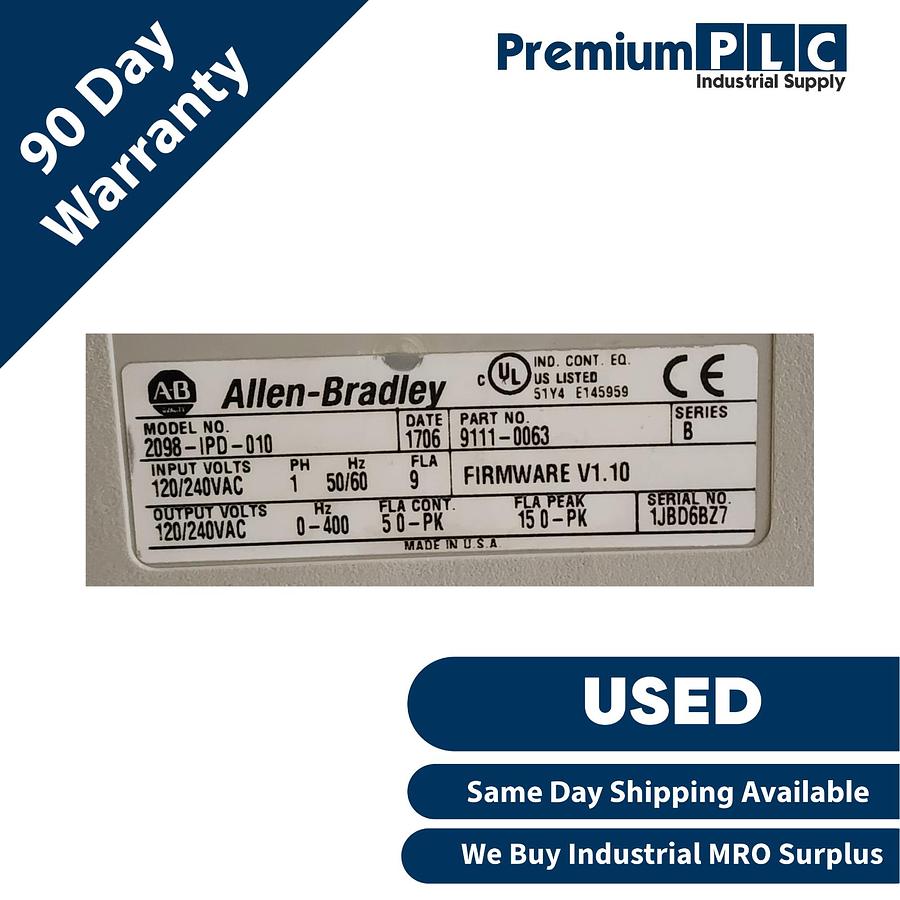 Used ALLEN BRADLEY 2098-IPD-010 /B Ultra 5000 SERVO DRIVE 1kW F/W V1.10 P/N 9111-0063