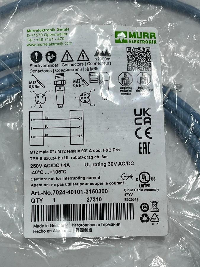 MURR ELEKTRONIK 7024-40101-3150300 M12 Cordset Male-Female 90° 3m F&B Pro