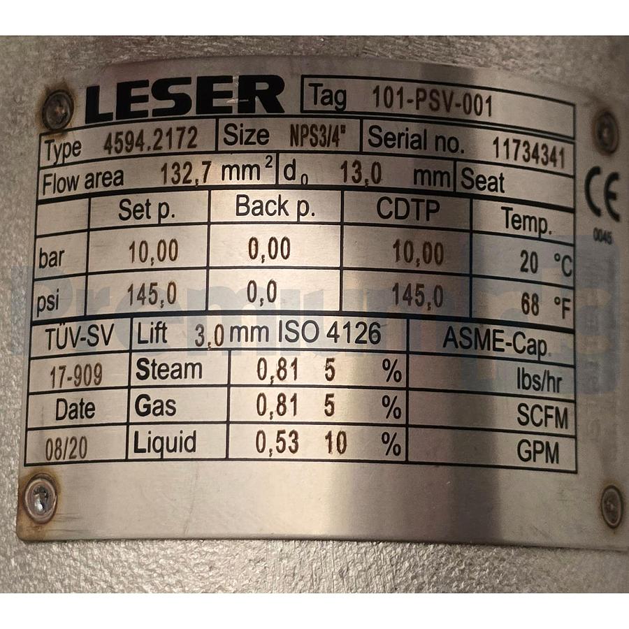 Used LESER 4594.2172 459 S/S Pressure Safety Relief Valve IN 3/4" OUT 1" 145psig NSNP