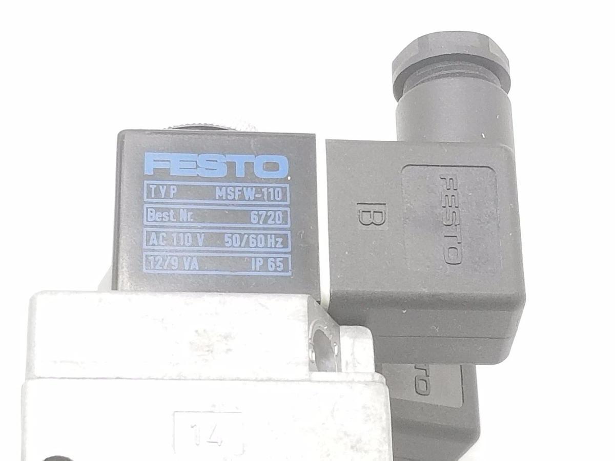 Used FESTO SOLENOID BLOCK VALVE ASSEMBLY JMFH-5-1/4-NPT, 10876, 0389 W/MSFW-110 COILS