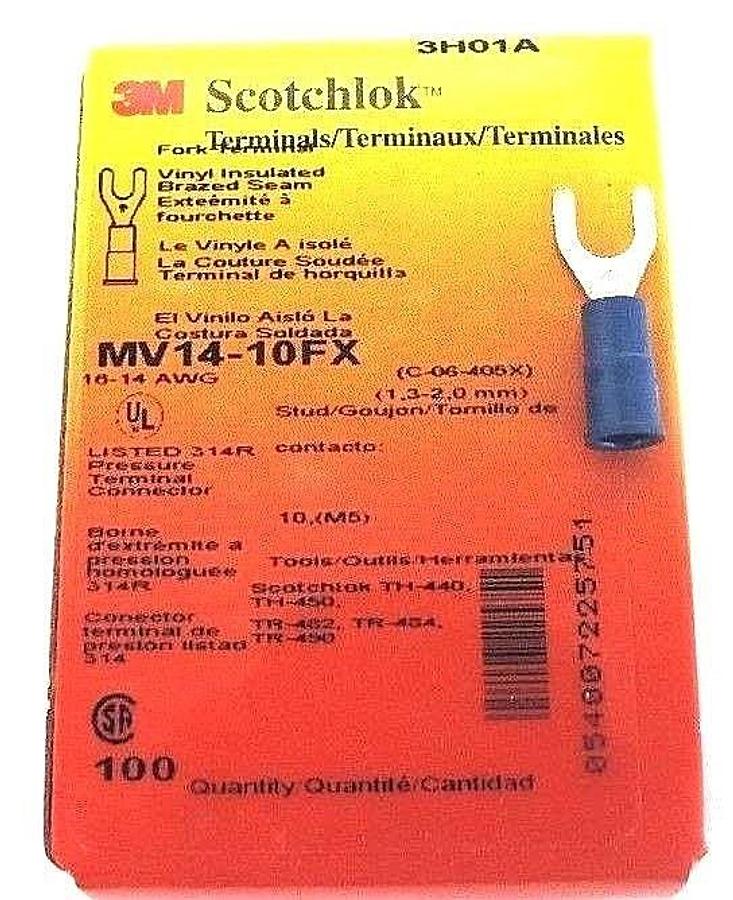 Used BOX OF NEW 100 3M SCOTCHLOK MV14-10FX TERMINALS MV1410FX, 16-14 AWG