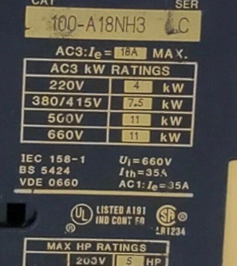 Used ALLEN BRADLEY 100-A18NH3 CONTACTOR 100A18NH3 SER. C 120V60HZ HB473