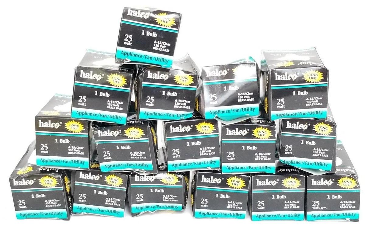 Used LOT OF 16 NIB HALCO LIGHTING A15CL25 CLEAR BULBS A-15, 130V, BRASS BASE