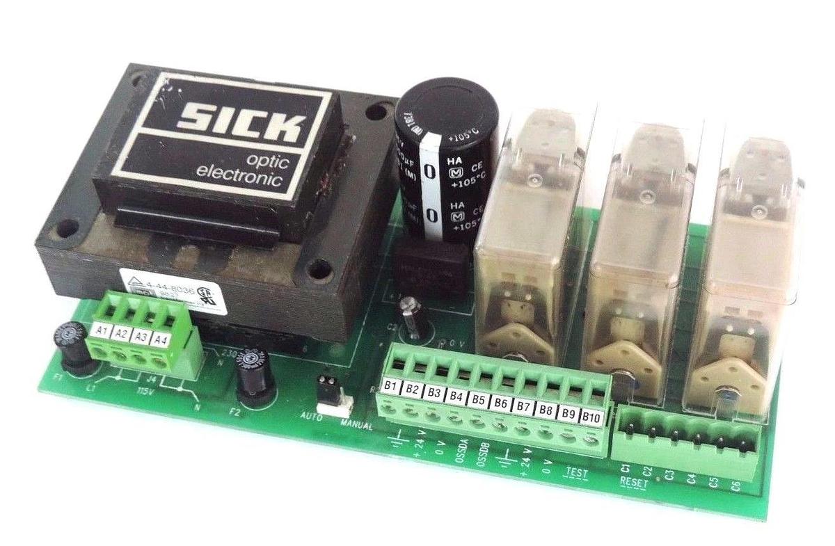 Used SICK 7022756 POWER SUPPLY RELAY BOARD 24V, 4-44-8036, H02-462-1027 RELAYS