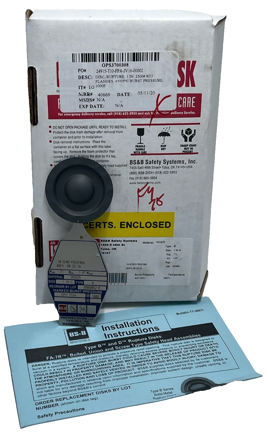 Used BS&B 1" Rupture Disk Type B INC625 4247 PSIG KRG .71 KRL 1.47 10-SCWO-PSE9196A