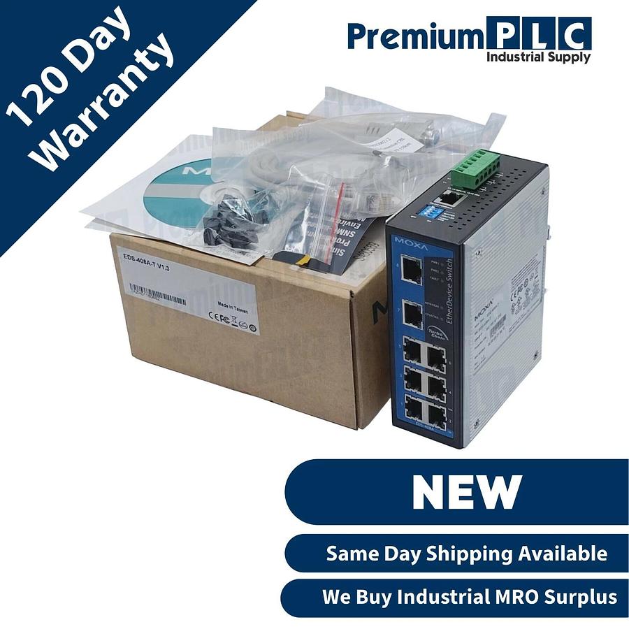 Used NEW MOXA EDS-408A-T V1.3 ETHERNET SWITCH W/ 8 10/100BaseT(X) PORTS -40 to 75°C