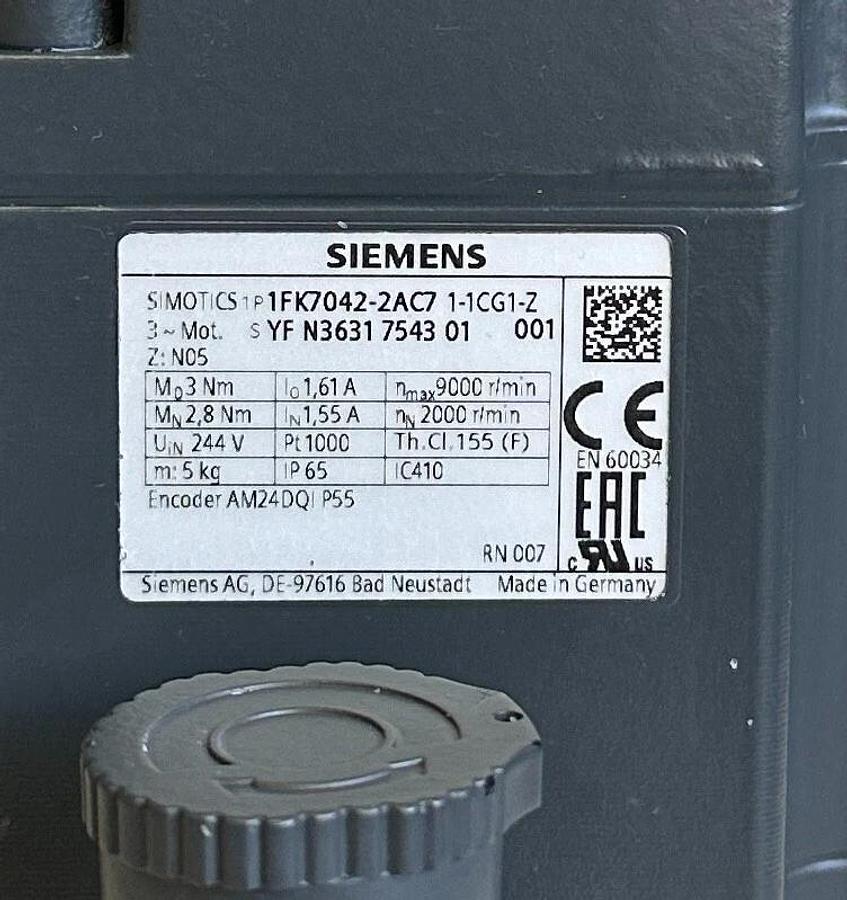 Used SIEMENS 1FK7042-2AC71-1CG1-Z / 1FK7042-2AC71-1CG1 SERVO MOTOR W/ MPR100 / 302867
