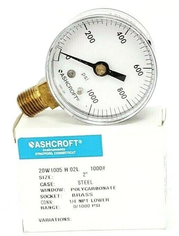 Used NIB ASHCROFT 20W1005 H 02L 1000 PRESSURE GAUGE 0-1000PSI 1/4 NPT 2'' IN