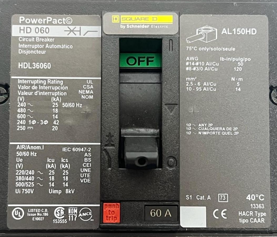 Used SQUARE D HDL36060 Circuit Breaker | PowerPact H-Frame | 60A 3P 600V | NSMP